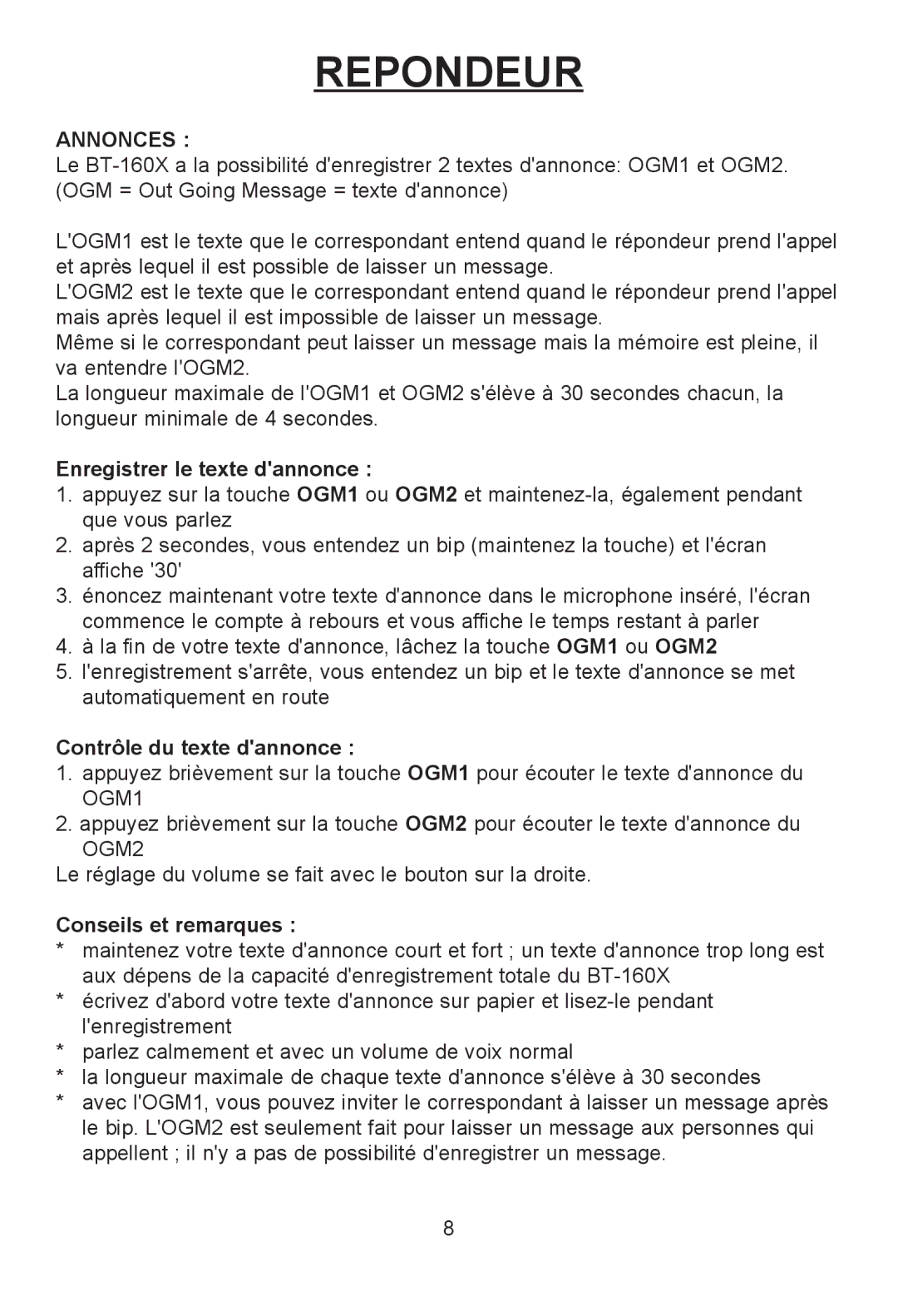 Profoon Telecommunicatie H2552FL28 manual Repondeur, Annonces, Enregistrer le texte dannonce, Contrôle du texte dannonce 