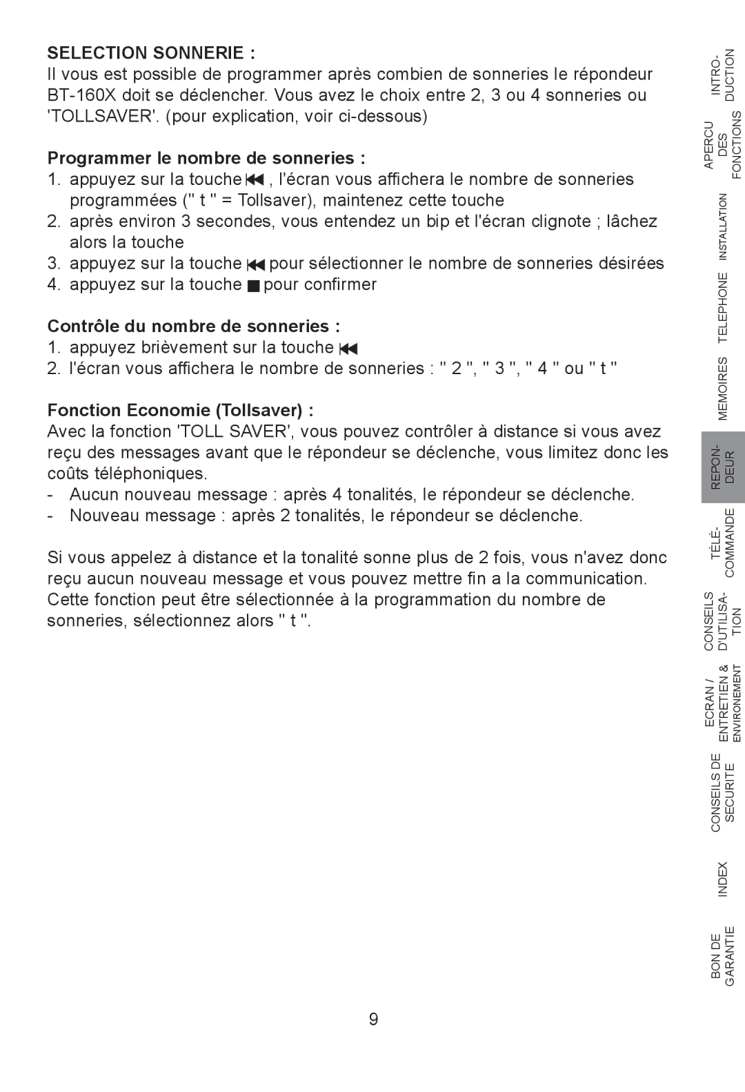 Profoon Telecommunicatie H2552FL28 Selection Sonnerie, Programmer le nombre de sonneries, Contrôle du nombre de sonneries 