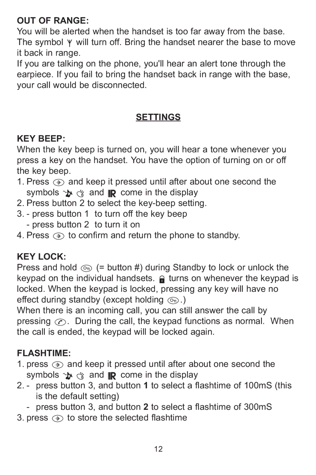 Profoon Telecommunicatie PDX-1100 series manual OUT of Range, Settings KEY Beep, KEY Lock, Flashtime 