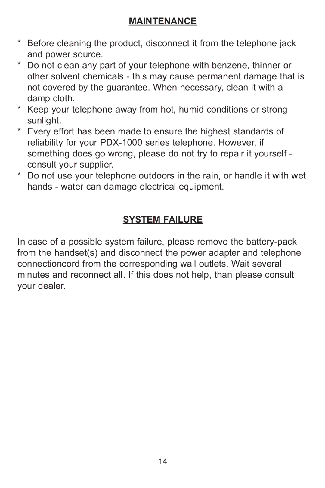 Profoon Telecommunicatie PDX-1100 series manual Maintenance, System Failure 