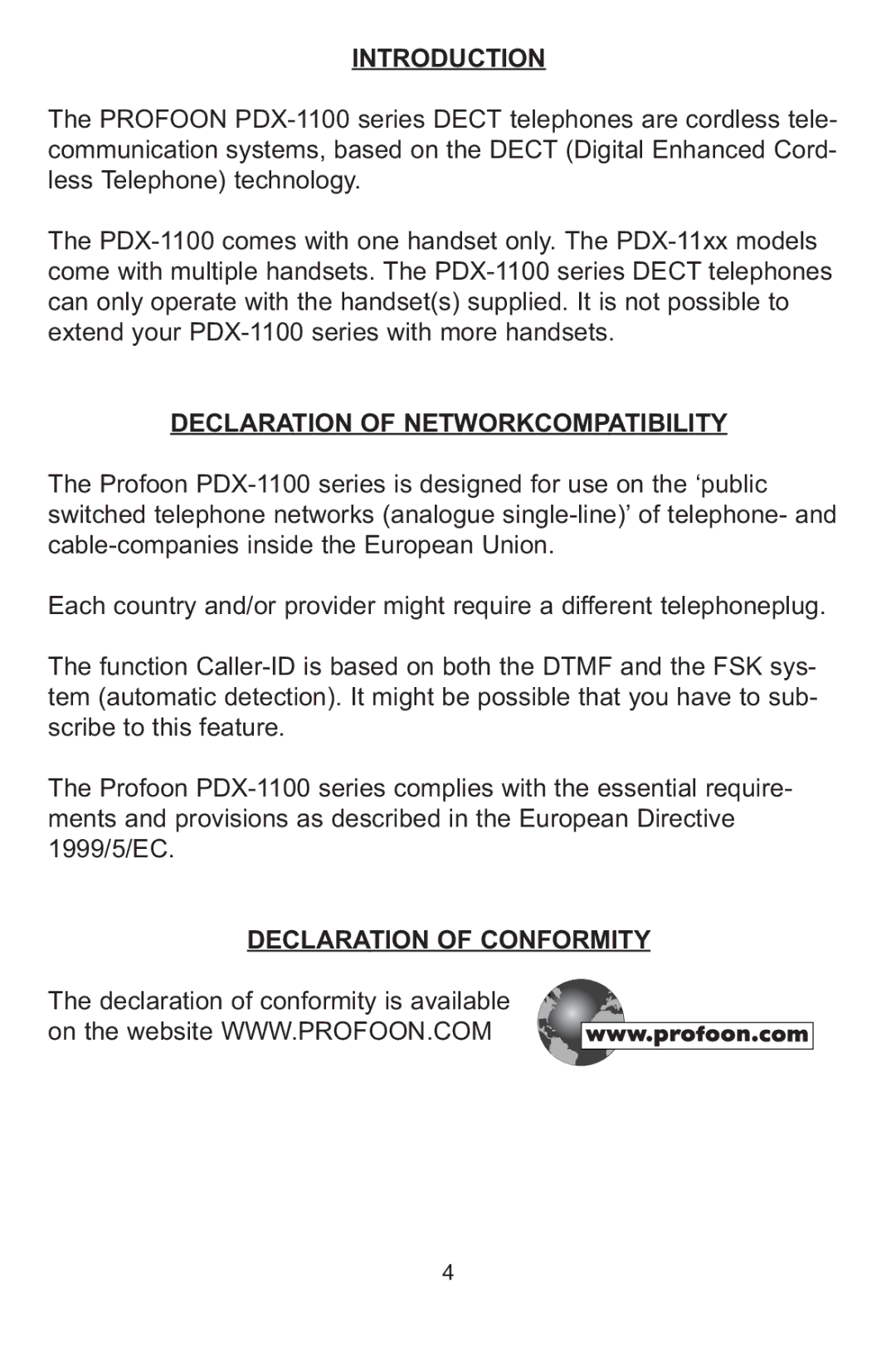 Profoon Telecommunicatie PDX-1100 series Introduction, Declaration of Networkcompatibility, Declaration of Conformity 