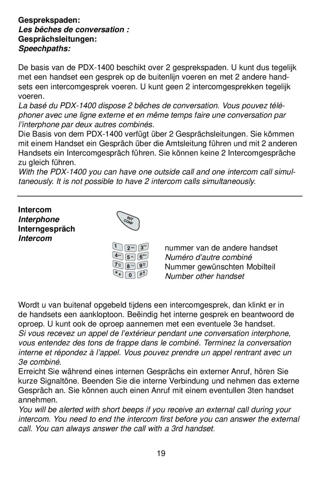 Profoon Telecommunicatie PDX-1400 manual Les bêches de conversation, Speechpaths, Interphone, Intercom 