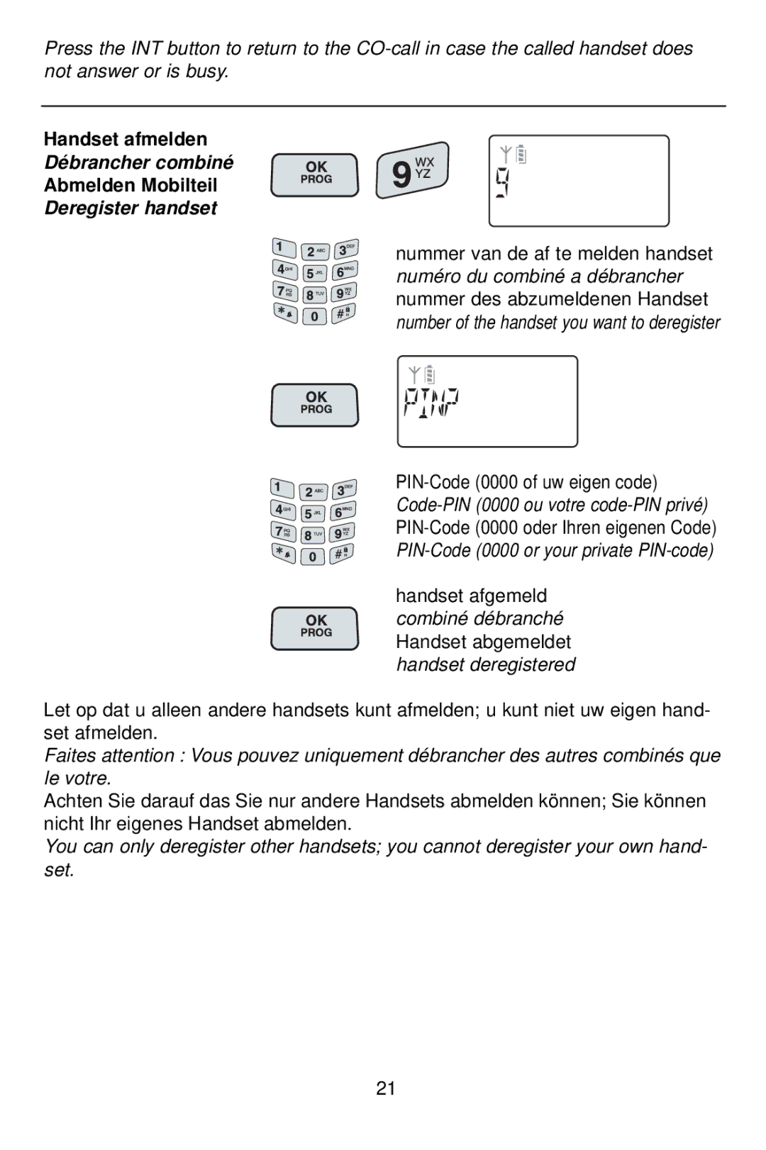 Profoon Telecommunicatie PDX-1400 manual Débrancher combiné, Deregister handset 