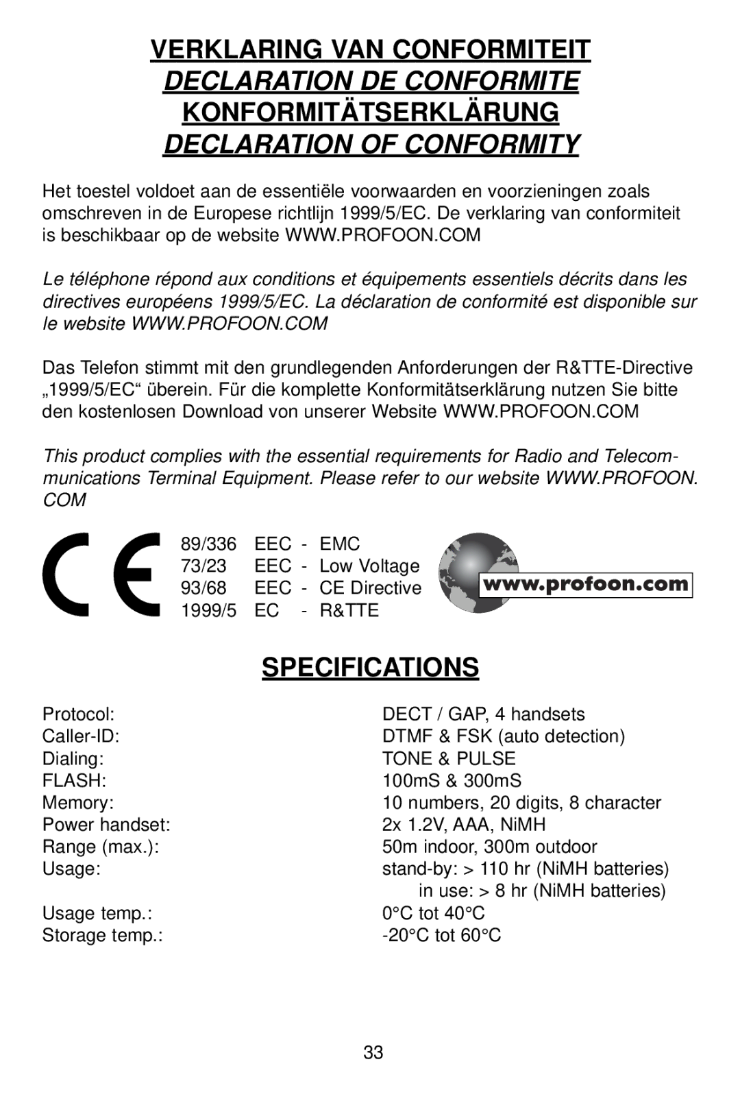 Profoon Telecommunicatie PDX-1400 manual Verklaring VAN Conformiteit, Declaration DE Conformite, Konformitätserklärung 