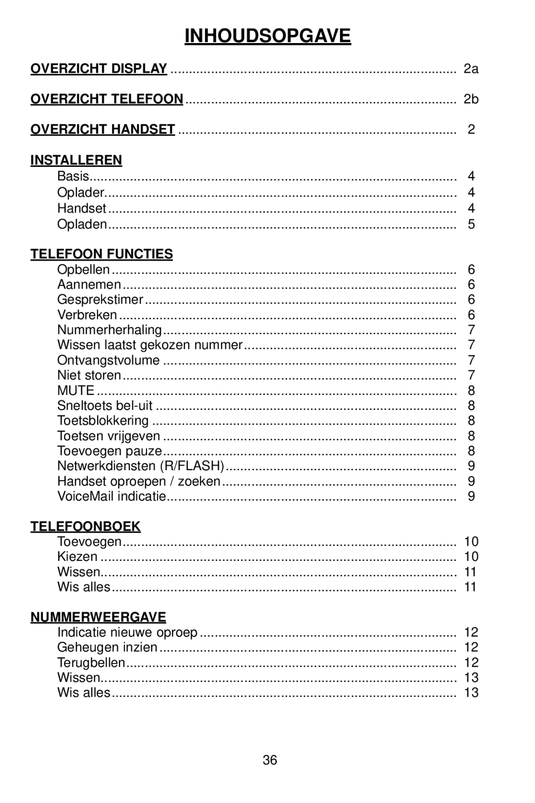 Profoon Telecommunicatie PDX-1400 manual Inhoudsopgave, Installeren, Telefoon Functies, Telefoonboek, Nummerweergave 