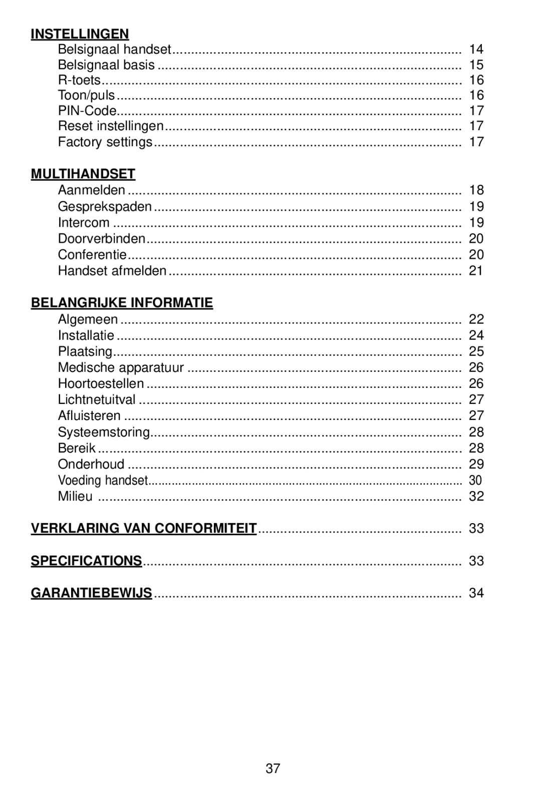 Profoon Telecommunicatie PDX-1400 manual Instellingen, Multihandset, Belangrijke Informatie 