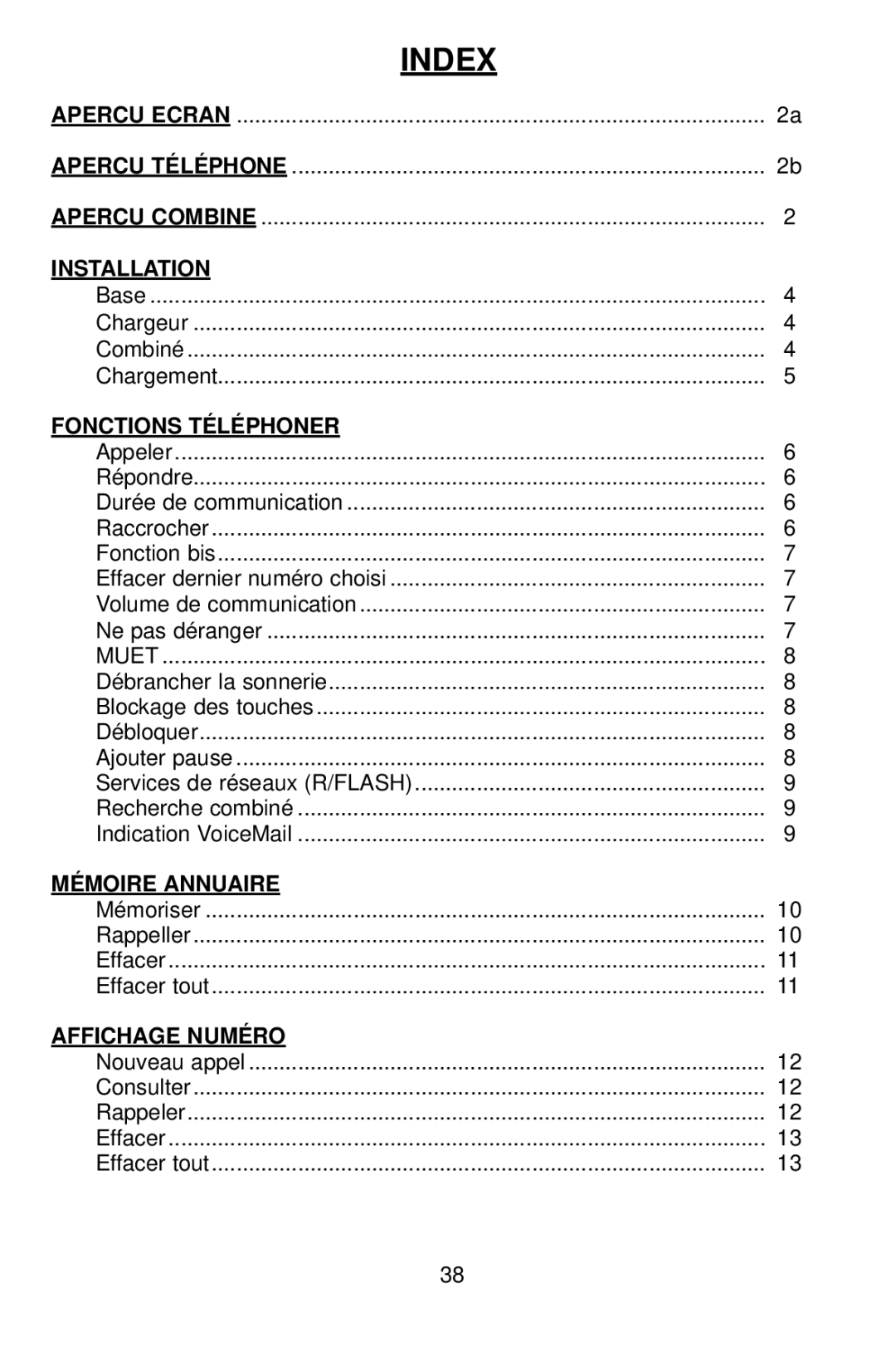 Profoon Telecommunicatie PDX-1400 manual Index, Installation, Fonctions Téléphoner, Mémoire Annuaire, Affichage Numéro 