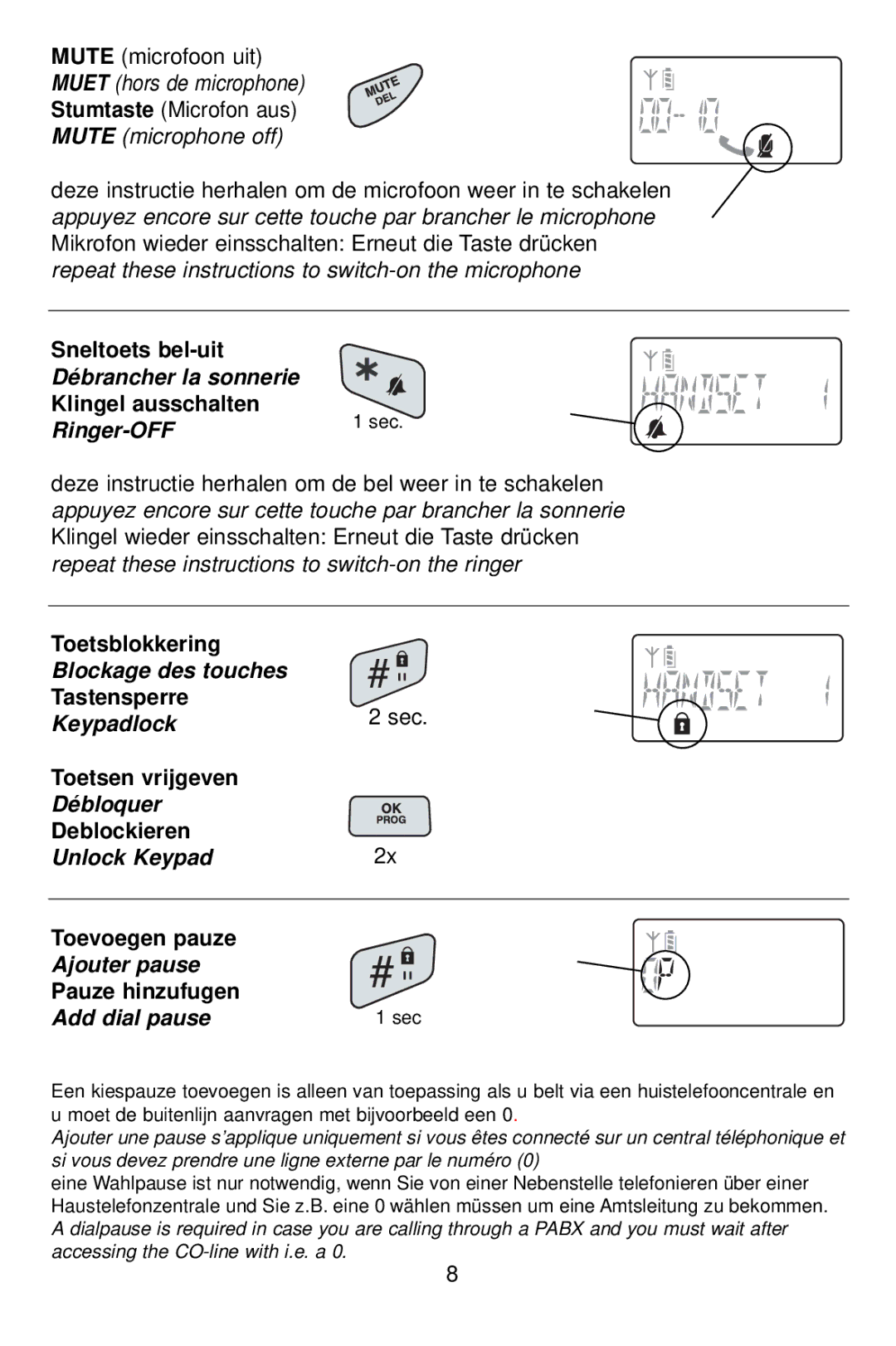 Profoon Telecommunicatie PDX-1400 manual Débrancher la sonnerie, Ringer-OFF, Blockage des touches, Keypadlock, Débloquer 