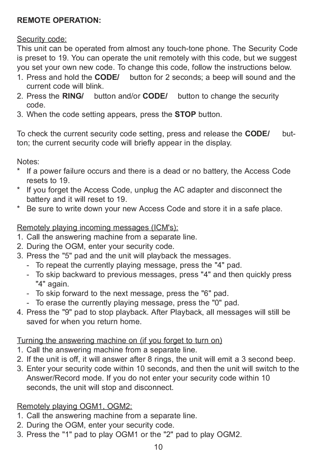 Profoon Telecommunicatie TAM-60X manual Remote Operation, Security code 