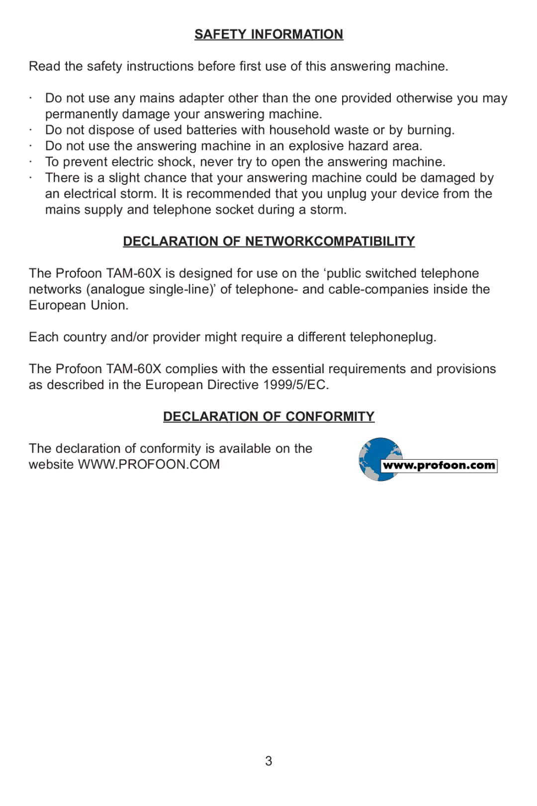 Profoon Telecommunicatie TAM-60X manual Safety Information, Declaration of Networkcompatibility, Declaration of Conformity 