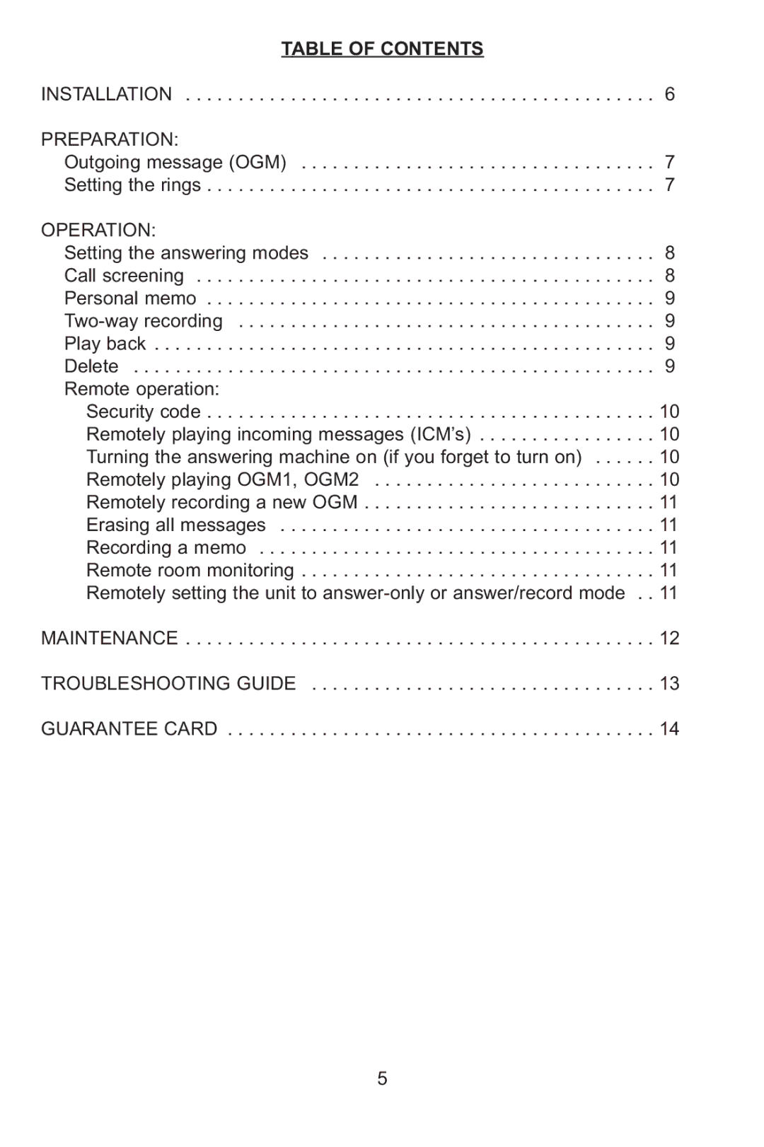 Profoon Telecommunicatie TAM-60X manual Table of Contents, Preparation, Operation 