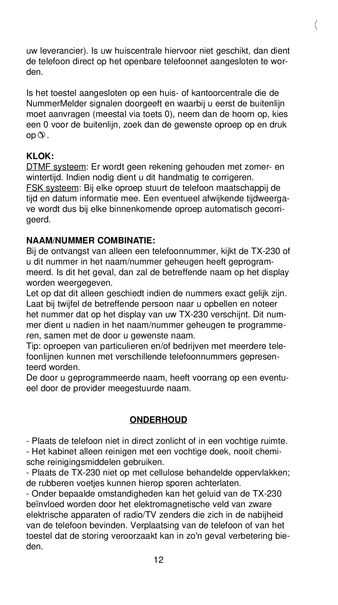 Profoon Telecommunicatie TX-230 manual Klok, NAAM/NUMMER Combinatie, Onderhoud 