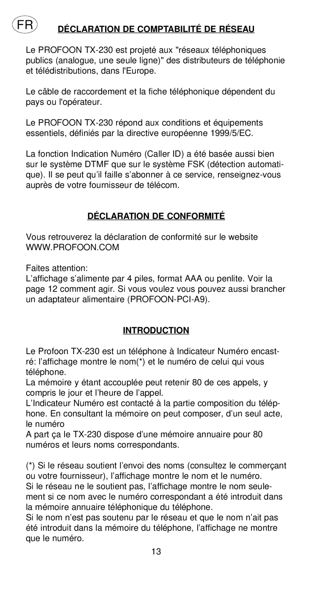 Profoon Telecommunicatie TX-230 manual Déclara Tion DE Conformité, Introduction 