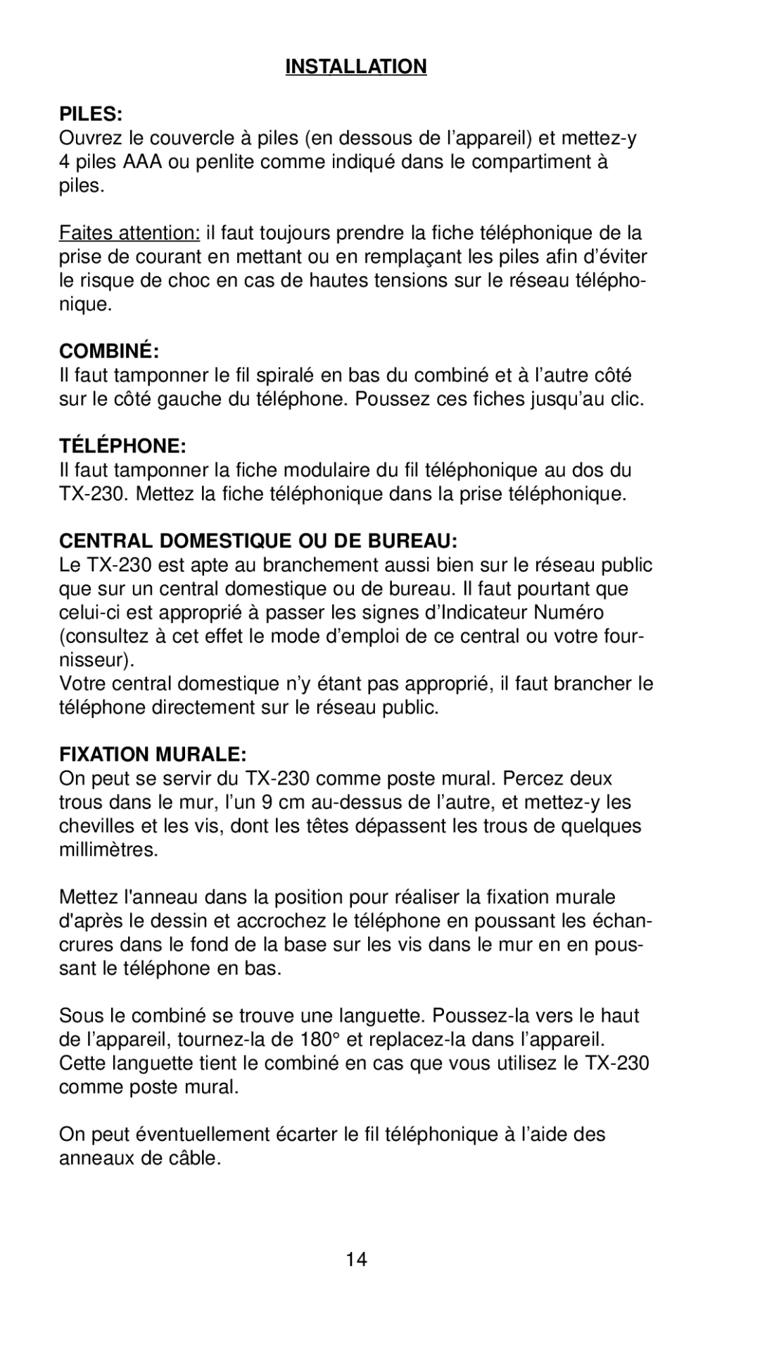 Profoon Telecommunicatie TX-230 Installation Piles, Combiné, Téléphone, Central Domestique OU DE Bureau, Fixation Murale 