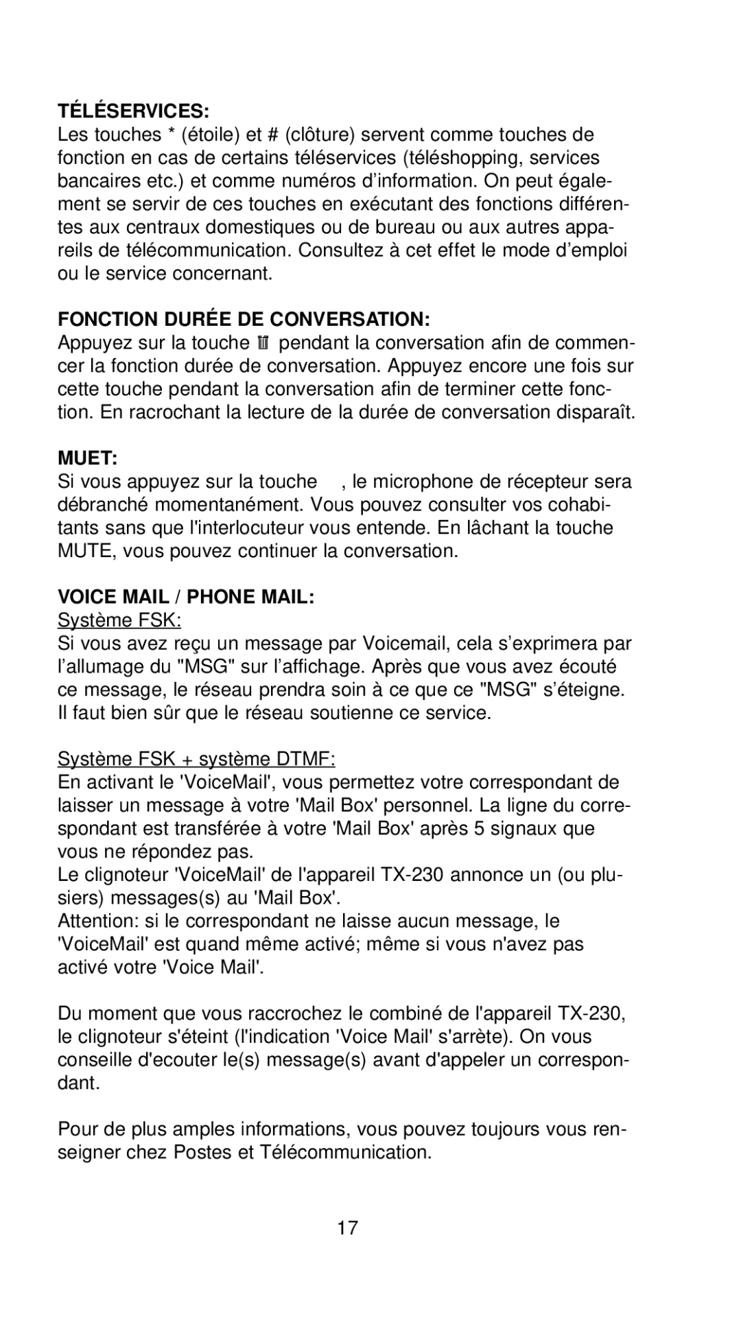 Profoon Telecommunicatie TX-230 manual Téléservices, Fonction Durée DE Conversation, Muet, Voice Mail / Phone Mail 