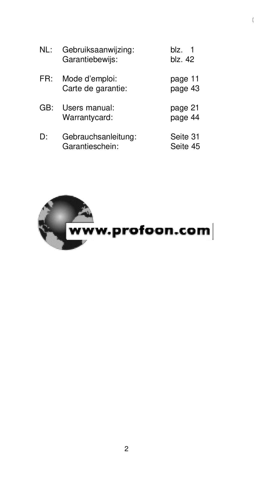 Profoon Telecommunicatie TX-230 manual 