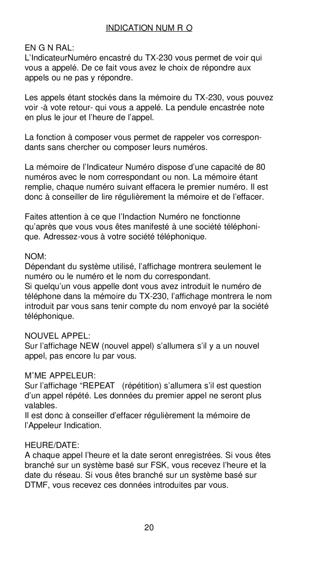 Profoon Telecommunicatie TX-230 manual Indication Numér O EN Général, Nom, Nouvel Appel, Même Appeleur, Heure/Date 