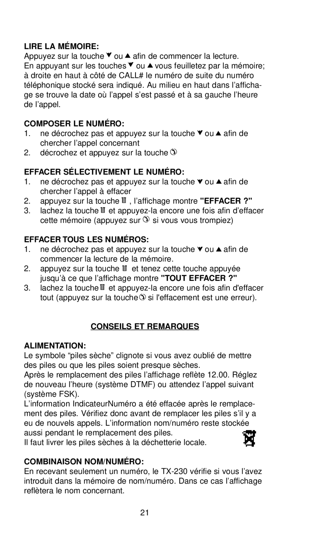 Profoon Telecommunicatie TX-230 manual Lire LA Mémoire, Composer LE Numéro, Effacer Sélectivement LE Numéro 