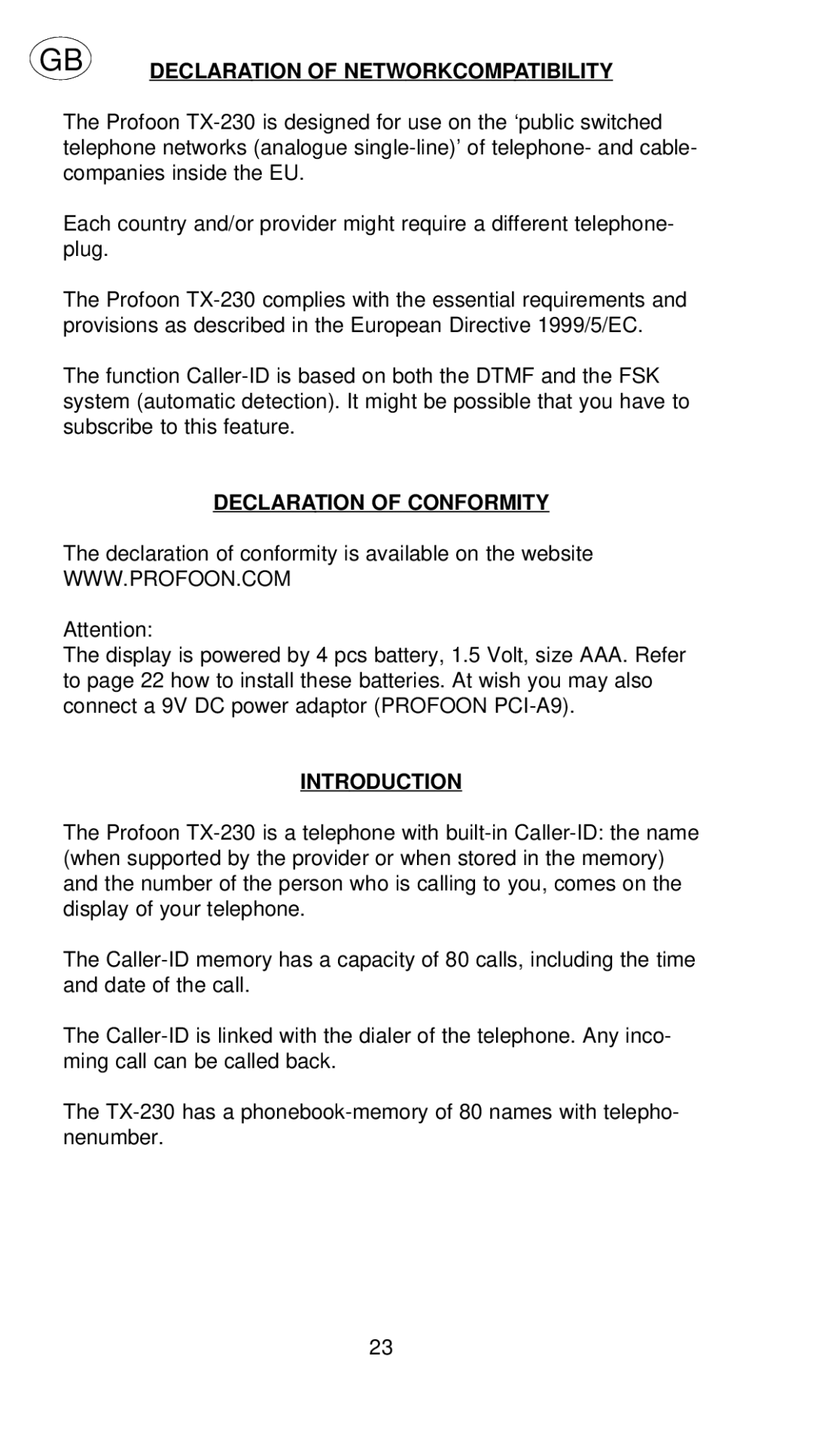 Profoon Telecommunicatie TX-230 manual Declaration of Networkcompatibility, Declaration of Conformity 