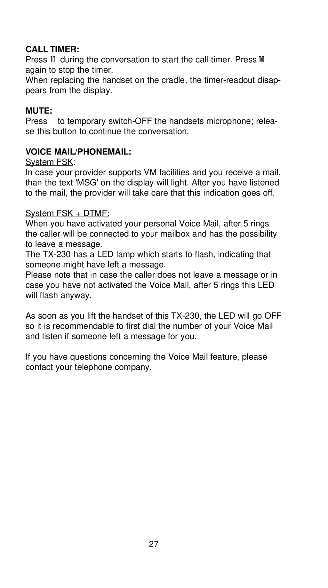 Profoon Telecommunicatie TX-230 manual Call Timer, Mute, Voice MAIL/PHONEMAIL 