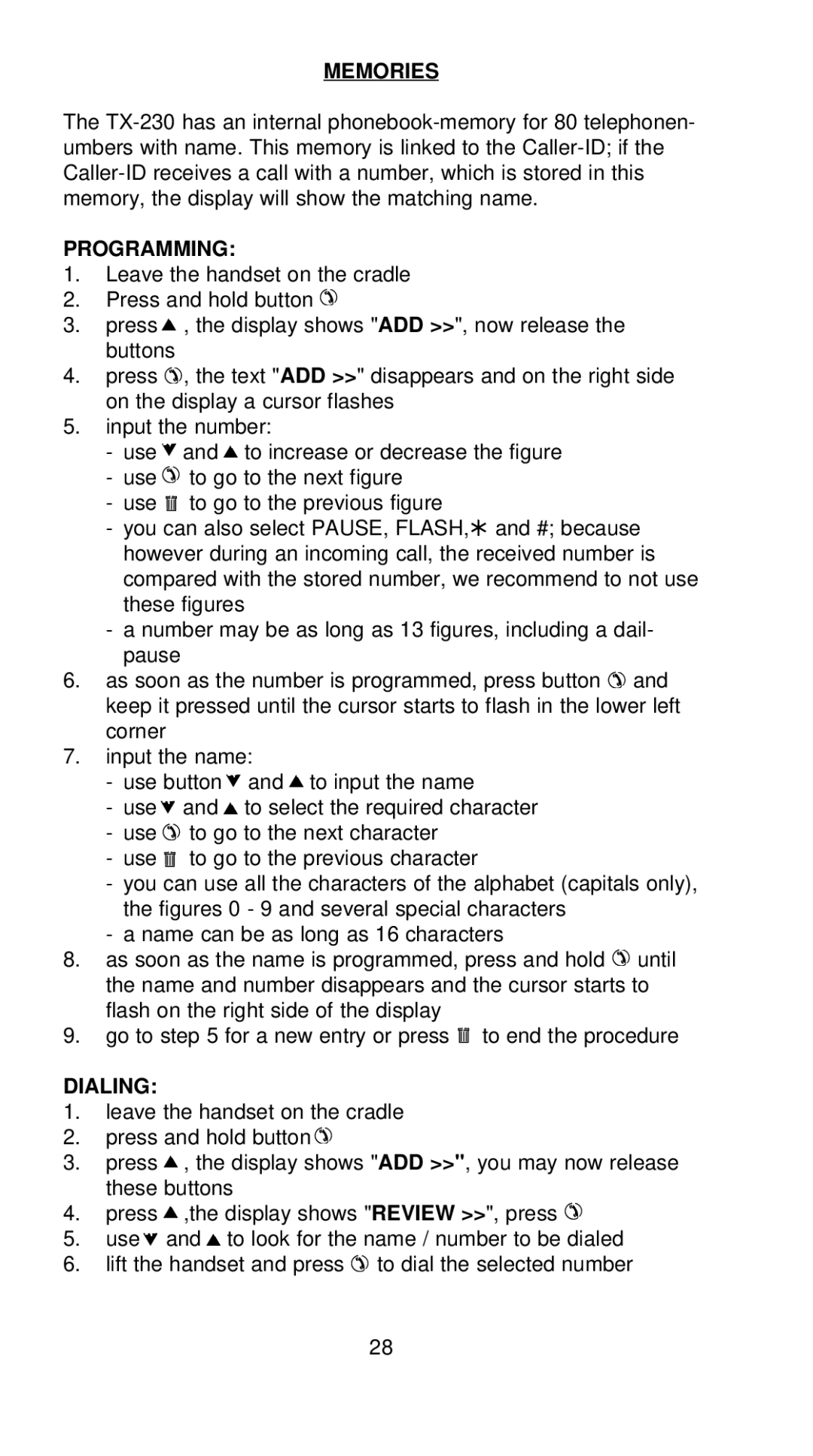 Profoon Telecommunicatie TX-230 manual Memories, Dialing 