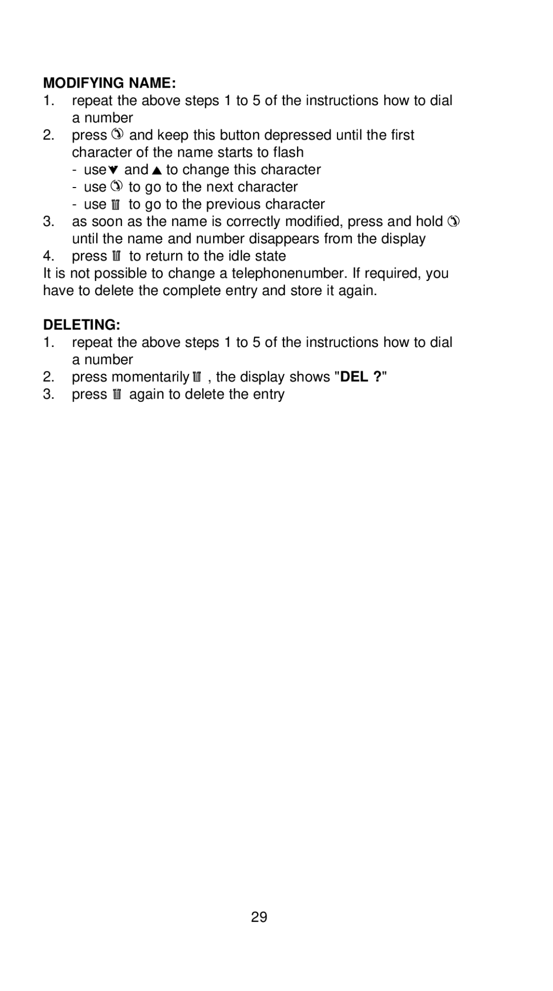 Profoon Telecommunicatie TX-230 manual Modifying Name, Deleting 