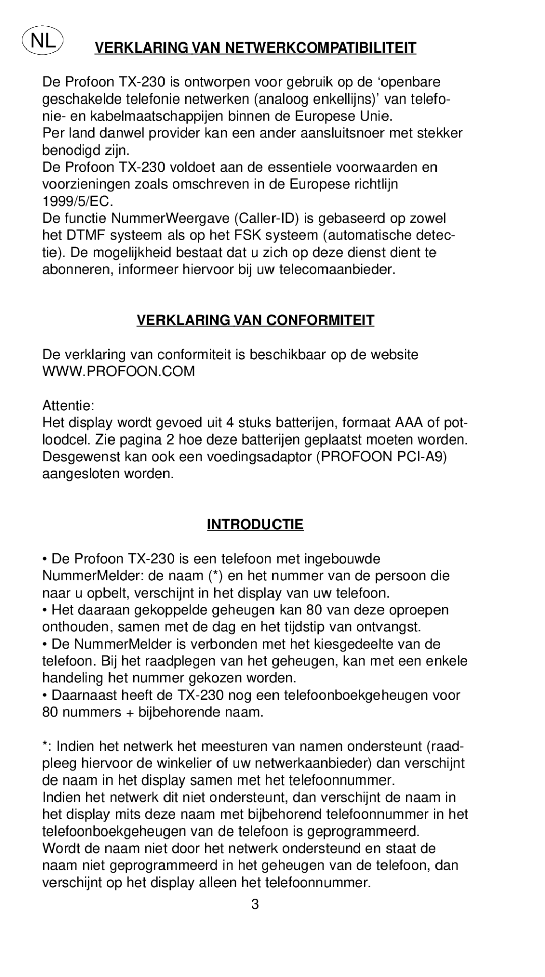 Profoon Telecommunicatie TX-230 manual Verklaring VAN Netwerkcompatibiliteit, Verklaring VAN Conformiteit, Introductie 