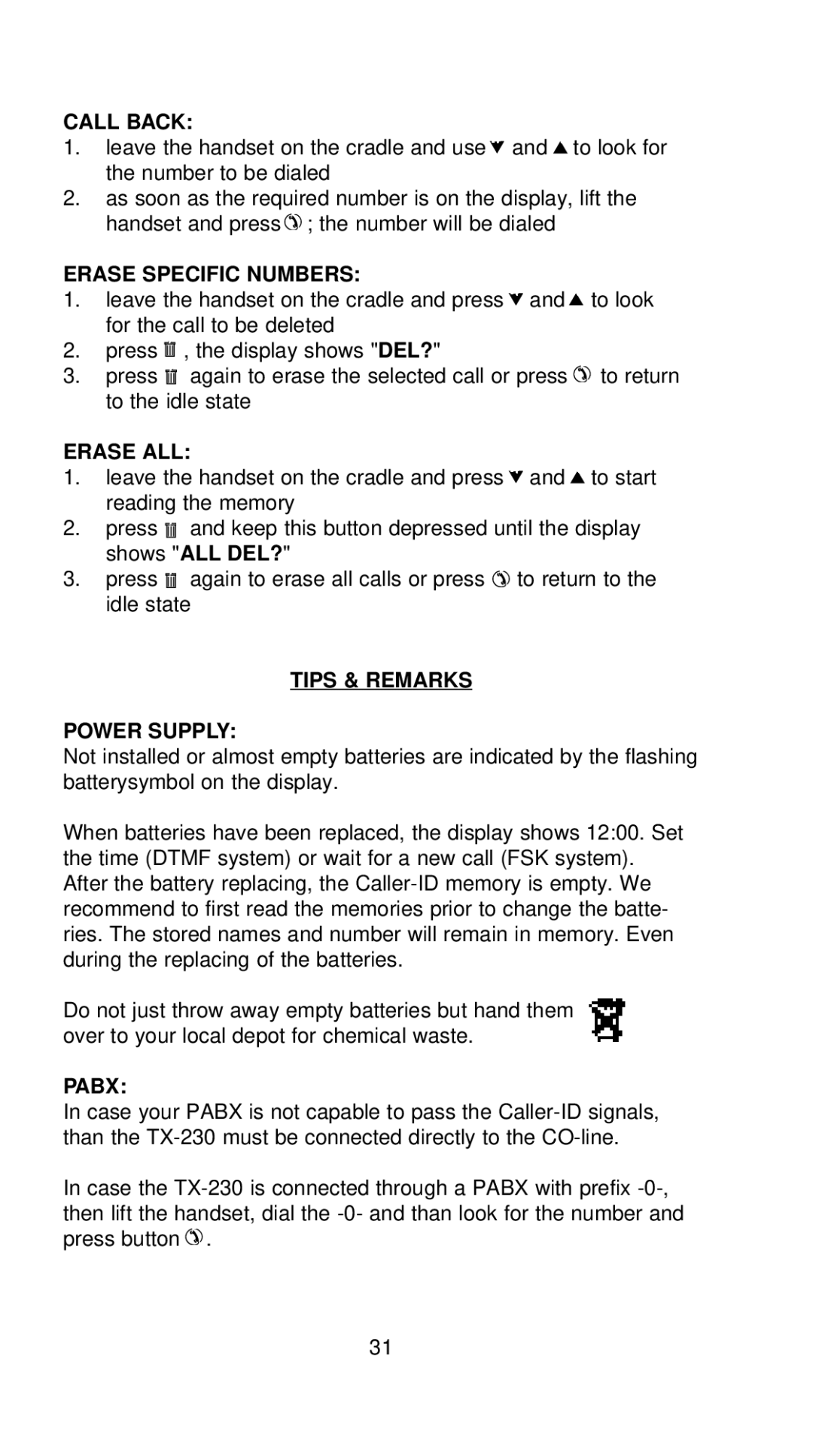 Profoon Telecommunicatie TX-230 manual Call Back, Erase Specific Numbers, Erase ALL, Tips & Remarks Power Supply 