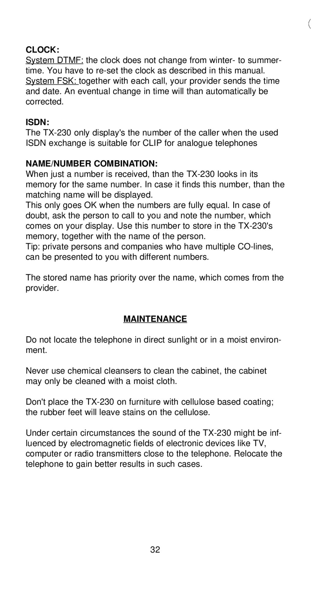Profoon Telecommunicatie TX-230 manual Clock, Isdn, NAME/NUMBER Combination, Maintenance 