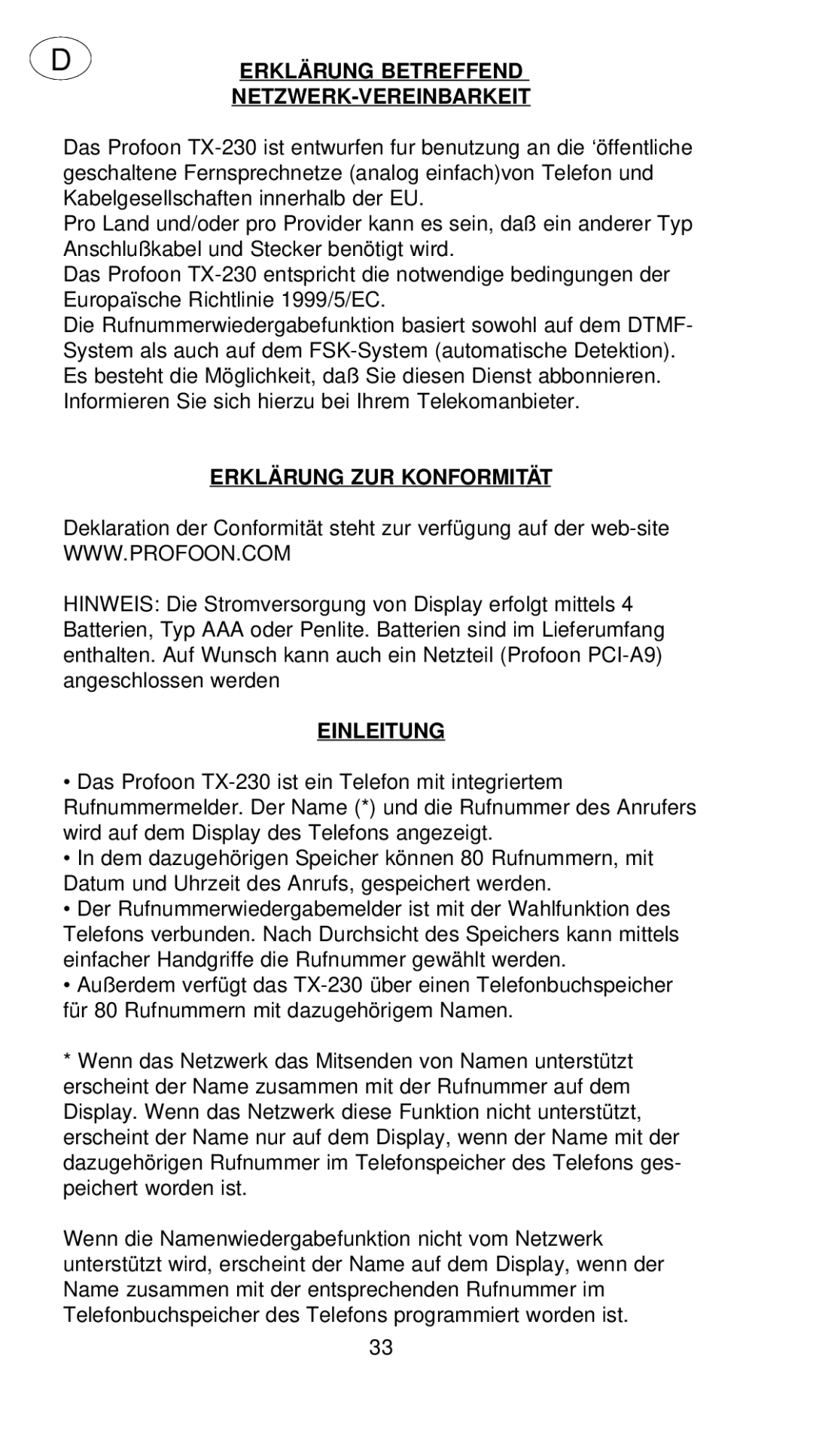 Profoon Telecommunicatie TX-230 Erklär UNG Betreffend NETZWERK-VEREINBARKEIT, Erklär UNG ZUR Konformitä T, Einleitung 