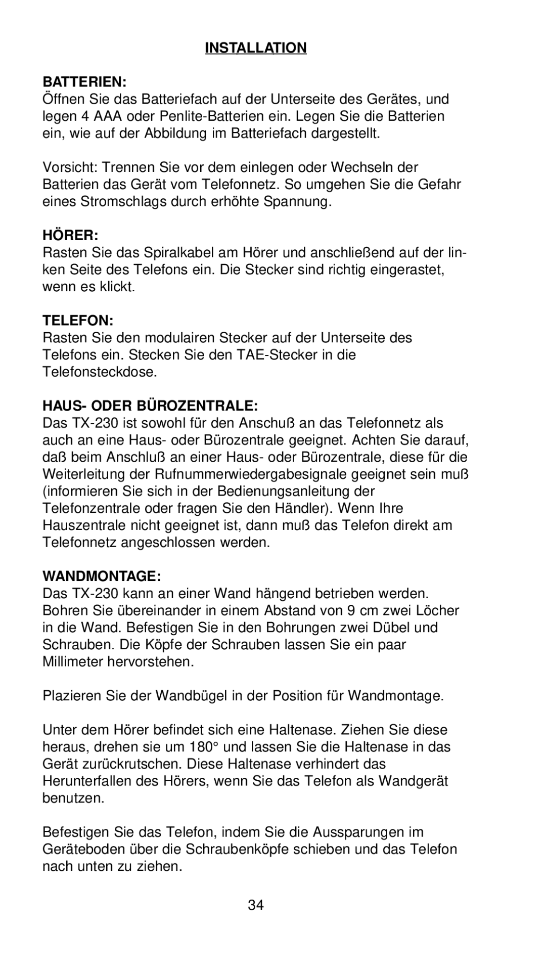 Profoon Telecommunicatie TX-230 manual Installation Batterien, Hörer, Telefon, HAUS- Oder Bürozentrale 