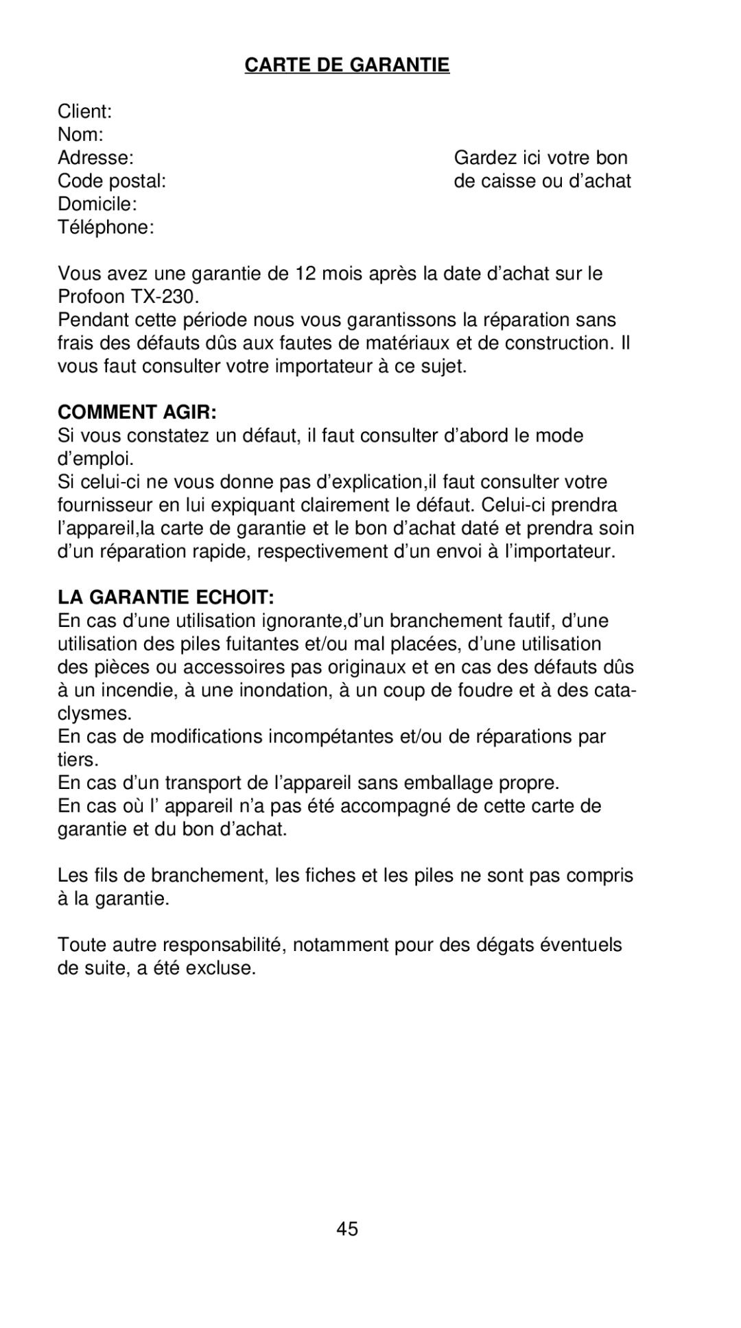 Profoon Telecommunicatie TX-230 manual Carte DE Garantie, Comment Agir, LA Garantie Echoit 