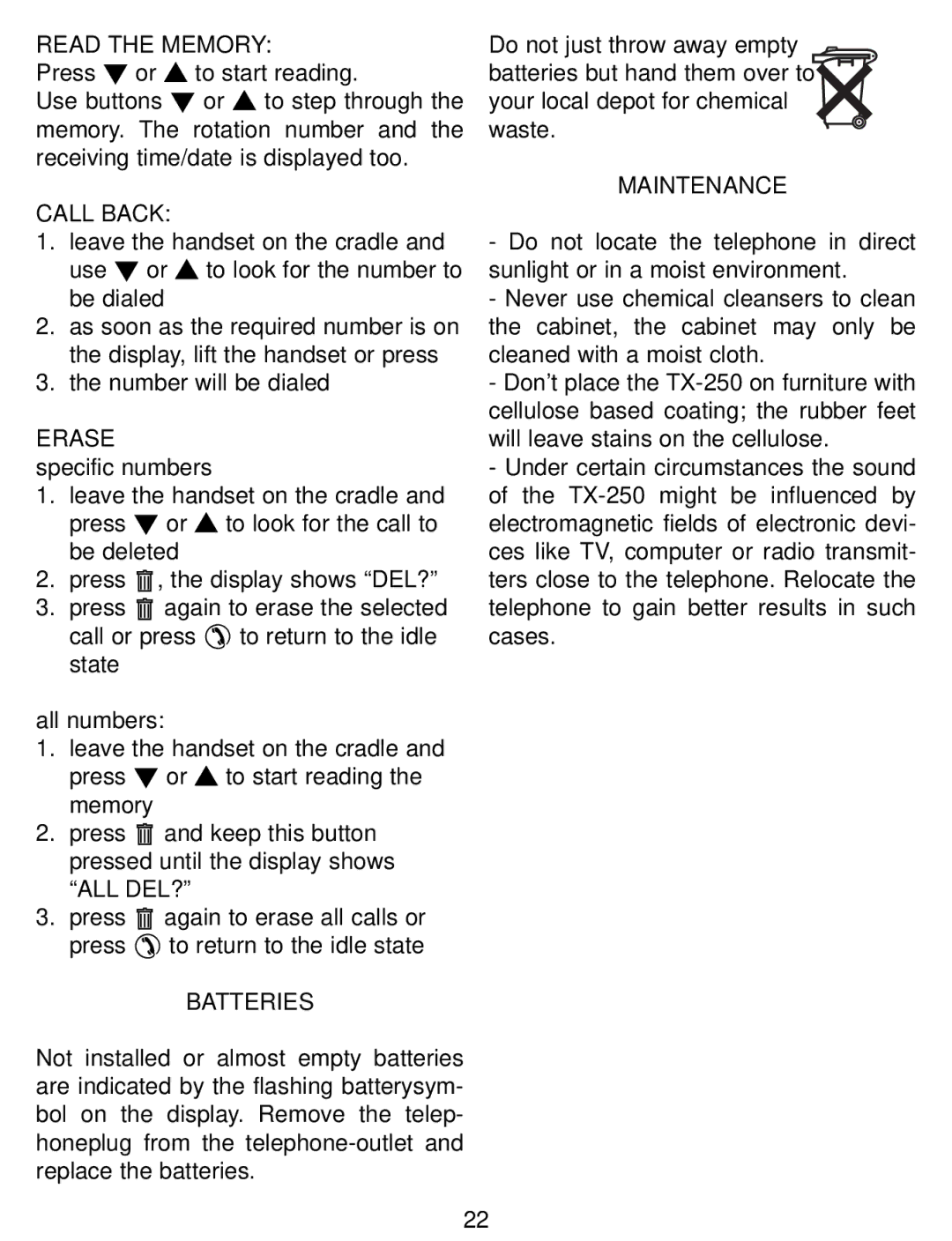 Profoon Telecommunicatie TX-250(CW) manual Read the Memory, Call Back, Erase, Maintenance 