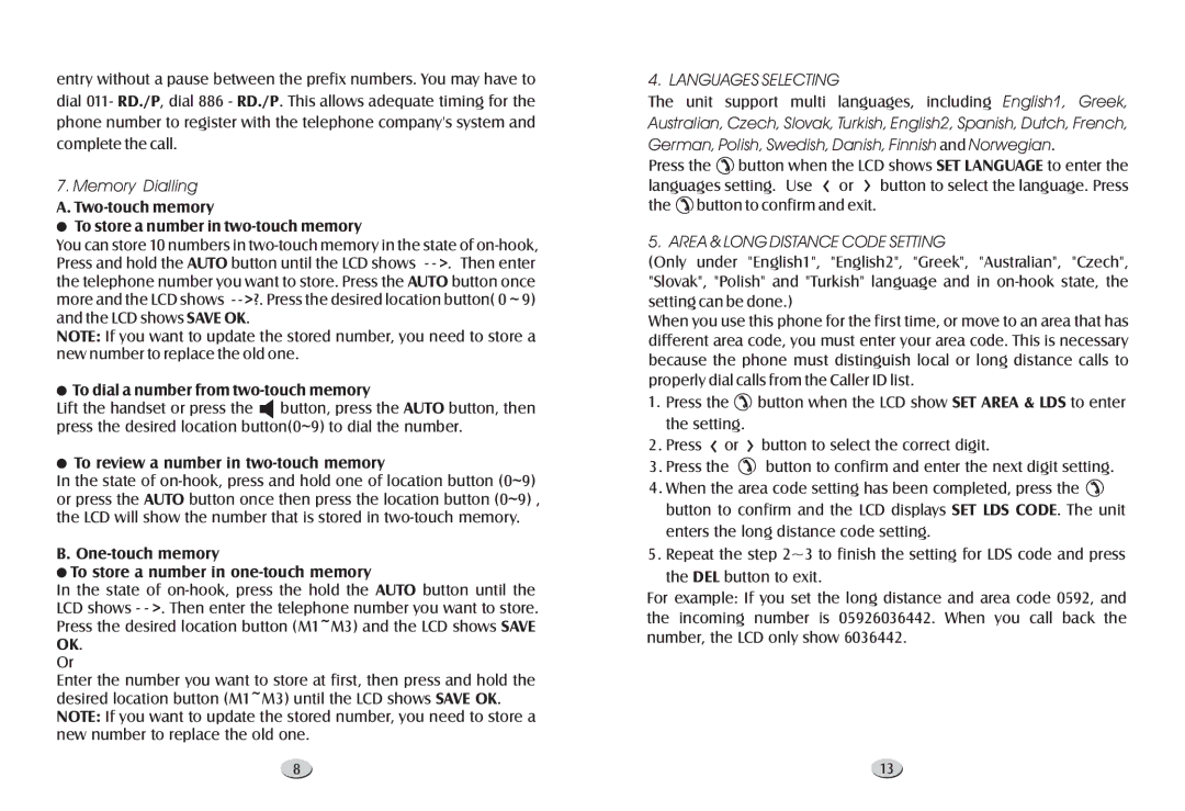 Profoon Telecommunicatie TX-255 manual Memory Dialling, Languages Selecting, Area & Long Distance Code Setting 