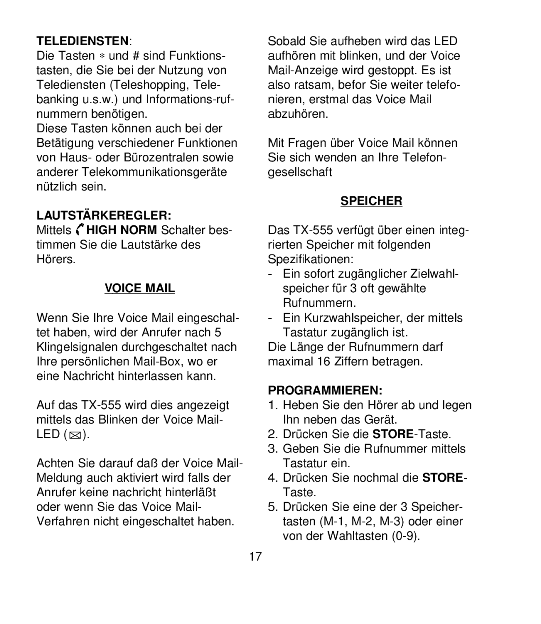 Profoon Telecommunicatie TX-555 manual Lautstärkeregler, Speicher, Programmieren, Telediensten, Voice Mail 