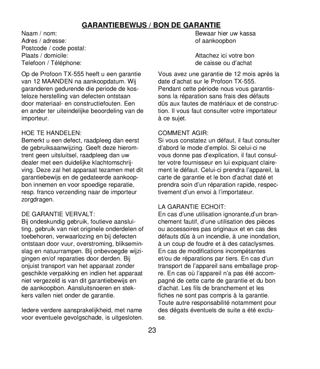 Profoon Telecommunicatie TX-555 manual Garantiebewijs / Bon De Garantie 