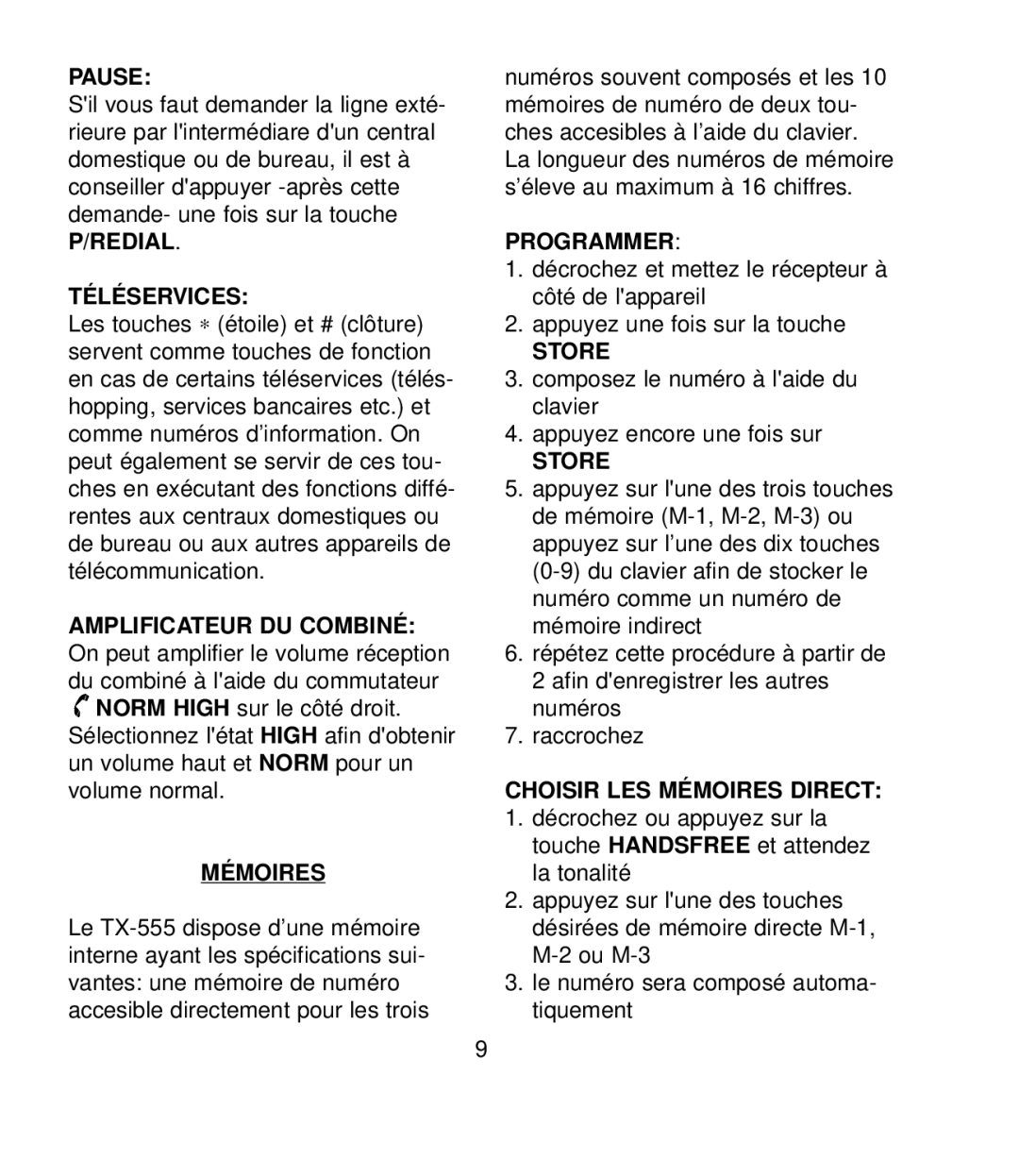 Profoon Telecommunicatie TX-555 manual Pause, Téléservices, Amplificateur Du Combiné, Mémoires, Programmer, Store 