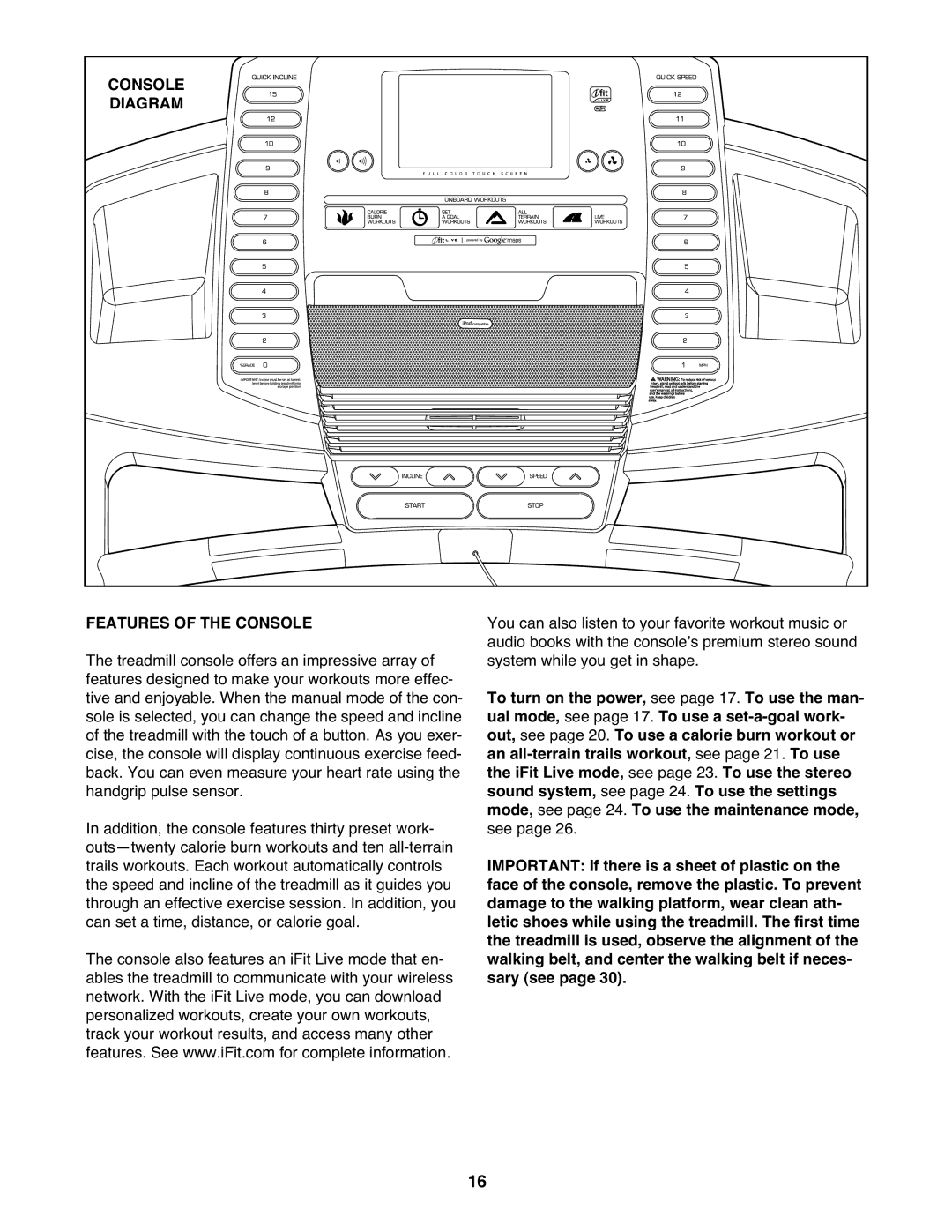 ProForm 1080 warranty Diagram, Features of the Console 