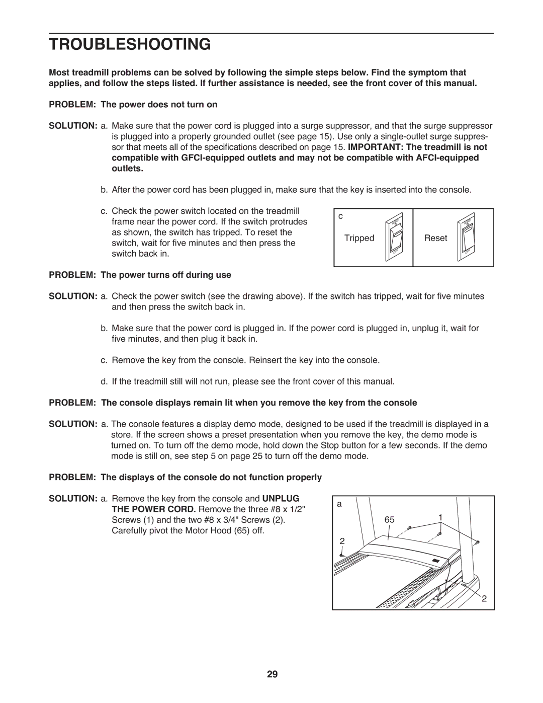 ProForm 1080 warranty Troubleshooting, Outlets, Problem The power turns off during use 