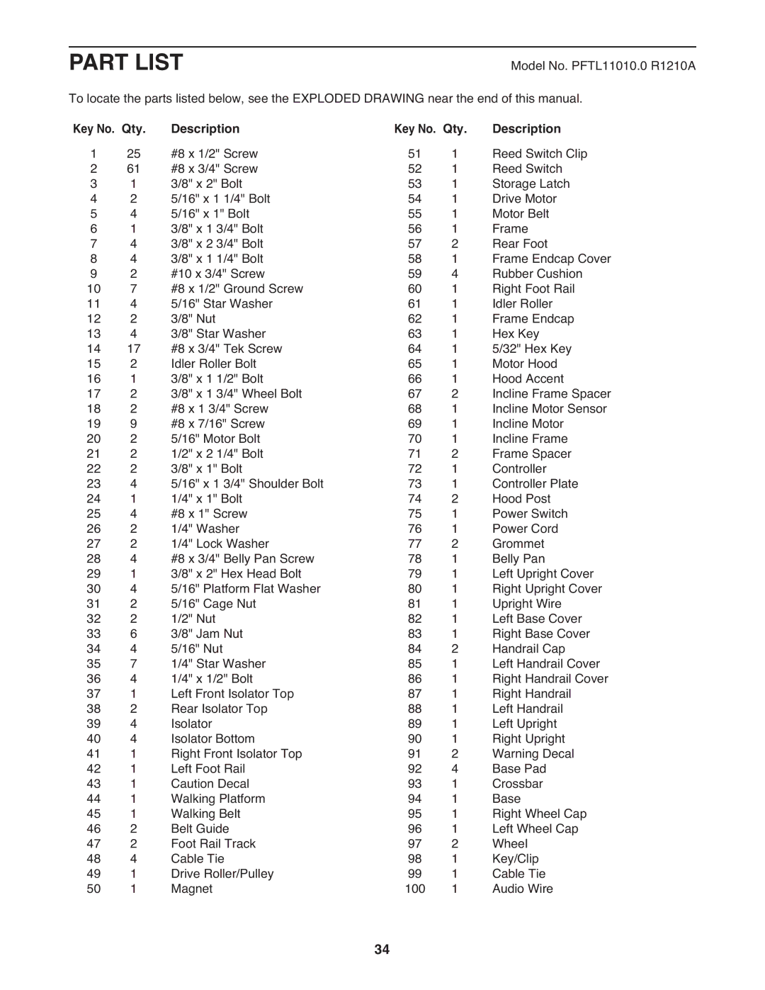 ProForm 1080 warranty Part List, Key No. Qty Description 