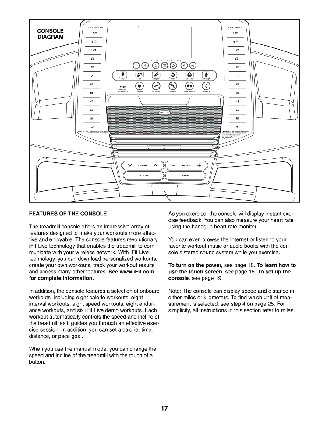 ProForm 1800 user manual Diagram, Features of the Console 