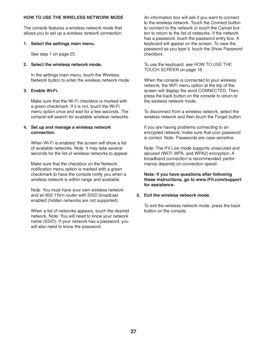ProForm 1800 HOW to USE the Wireless Network Mode, Enable Wi-Fi, Set up and manage a wireless network connection 