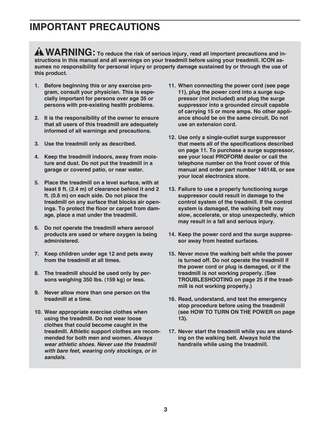 ProForm 2 user manual Important Precautions 