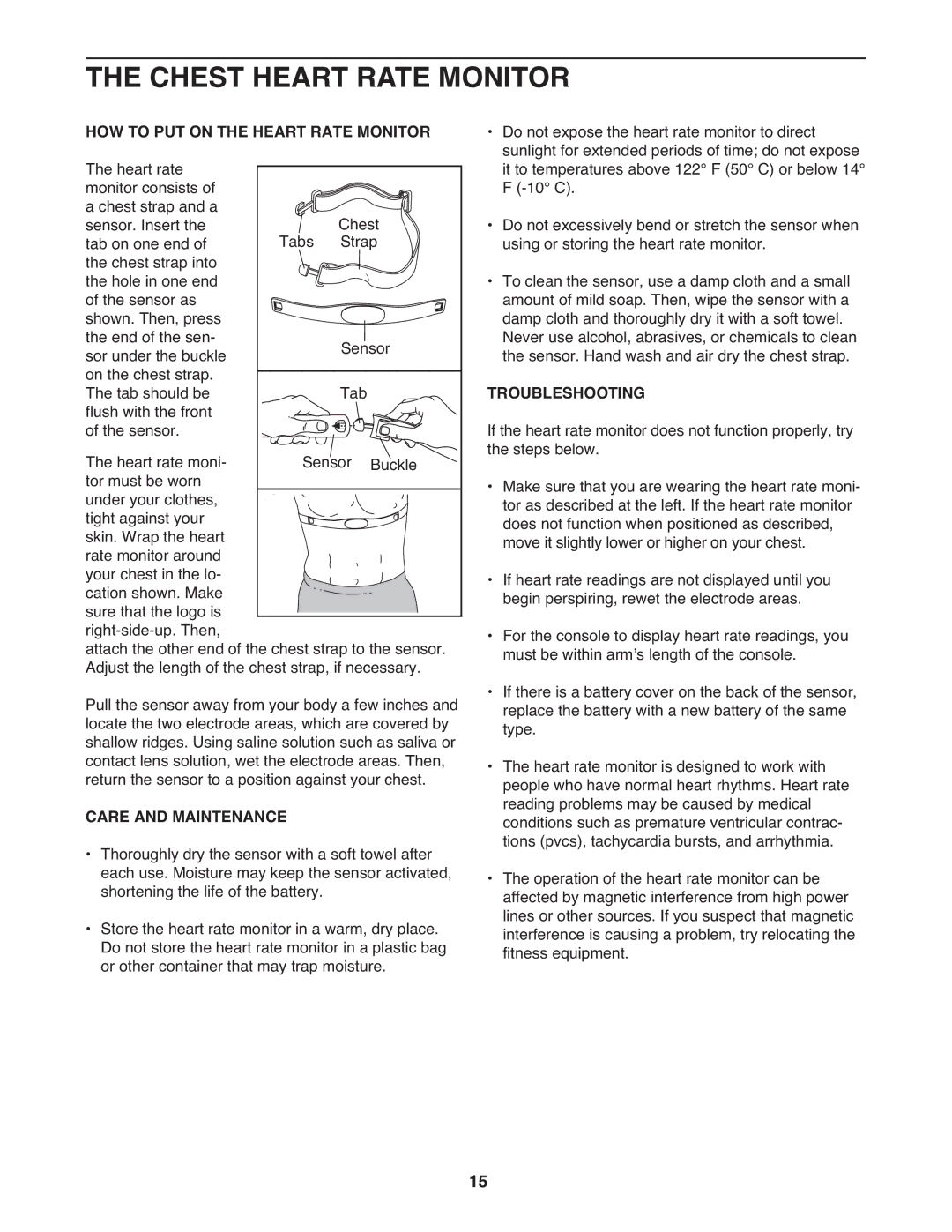 ProForm 2400 warranty Chest Heart Rate Monitor, HOW to PUT on the Heart Rate Monitor, Care and Maintenance, Troubleshooting 