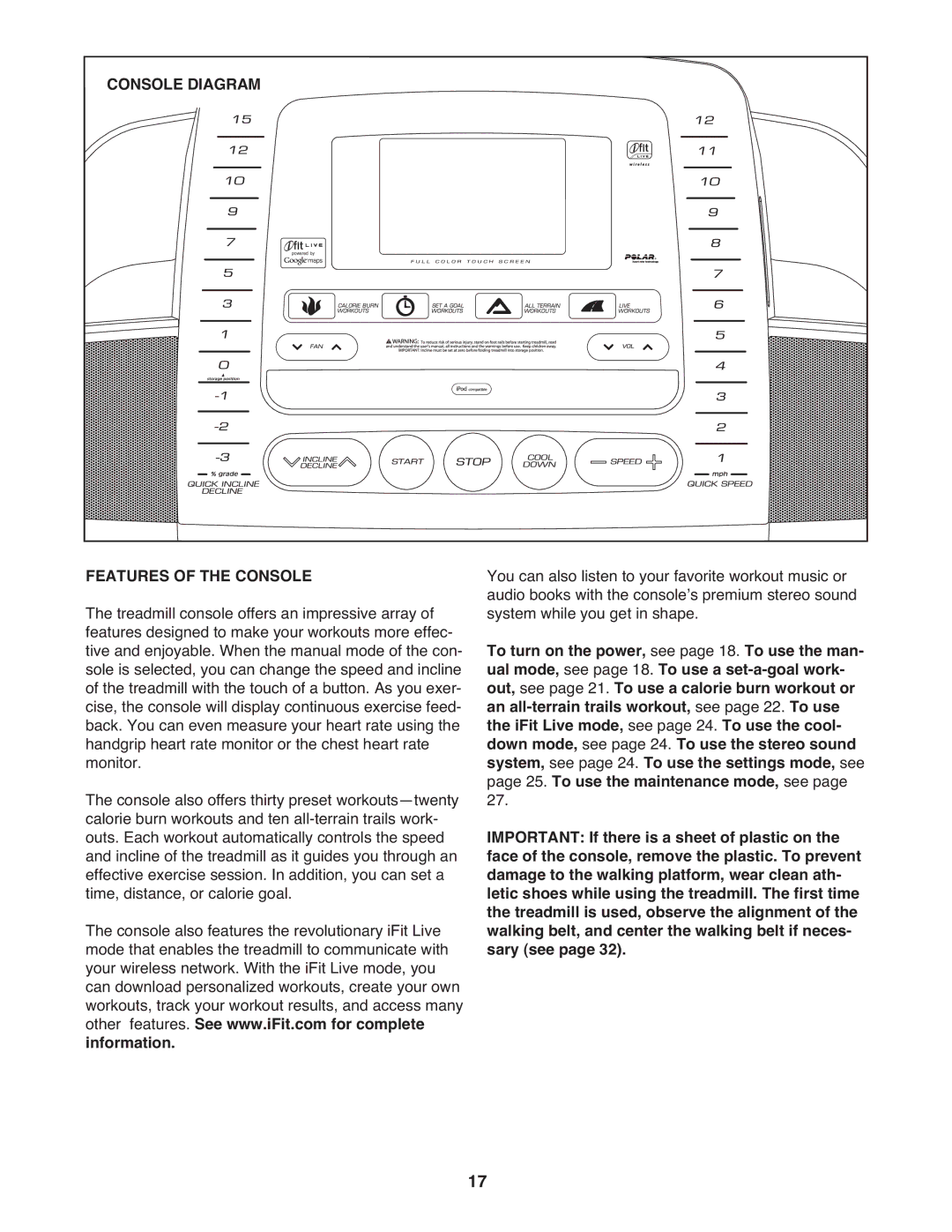 ProForm 2400 warranty Console Diagram Features of the Console 