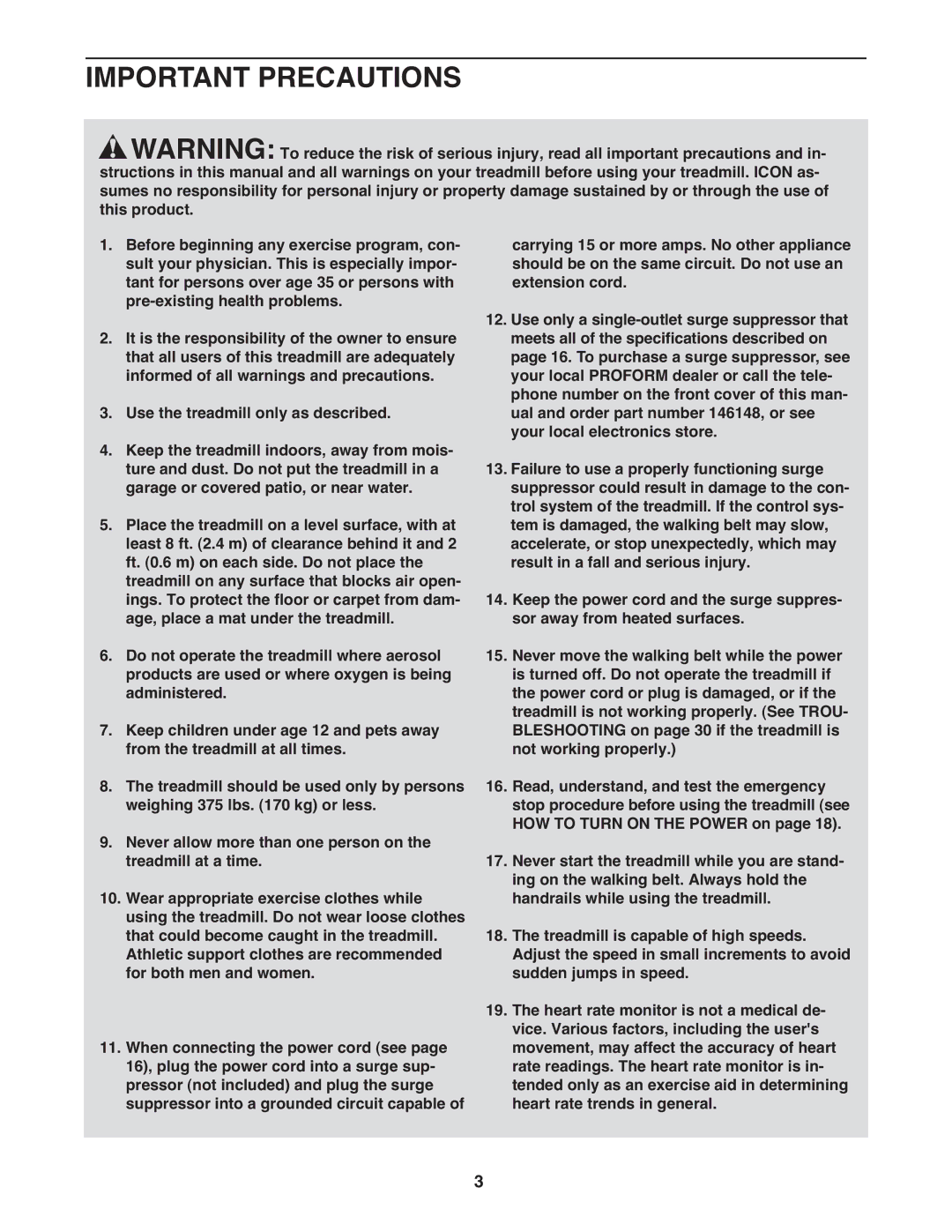 ProForm 2400 warranty Important Precautions 