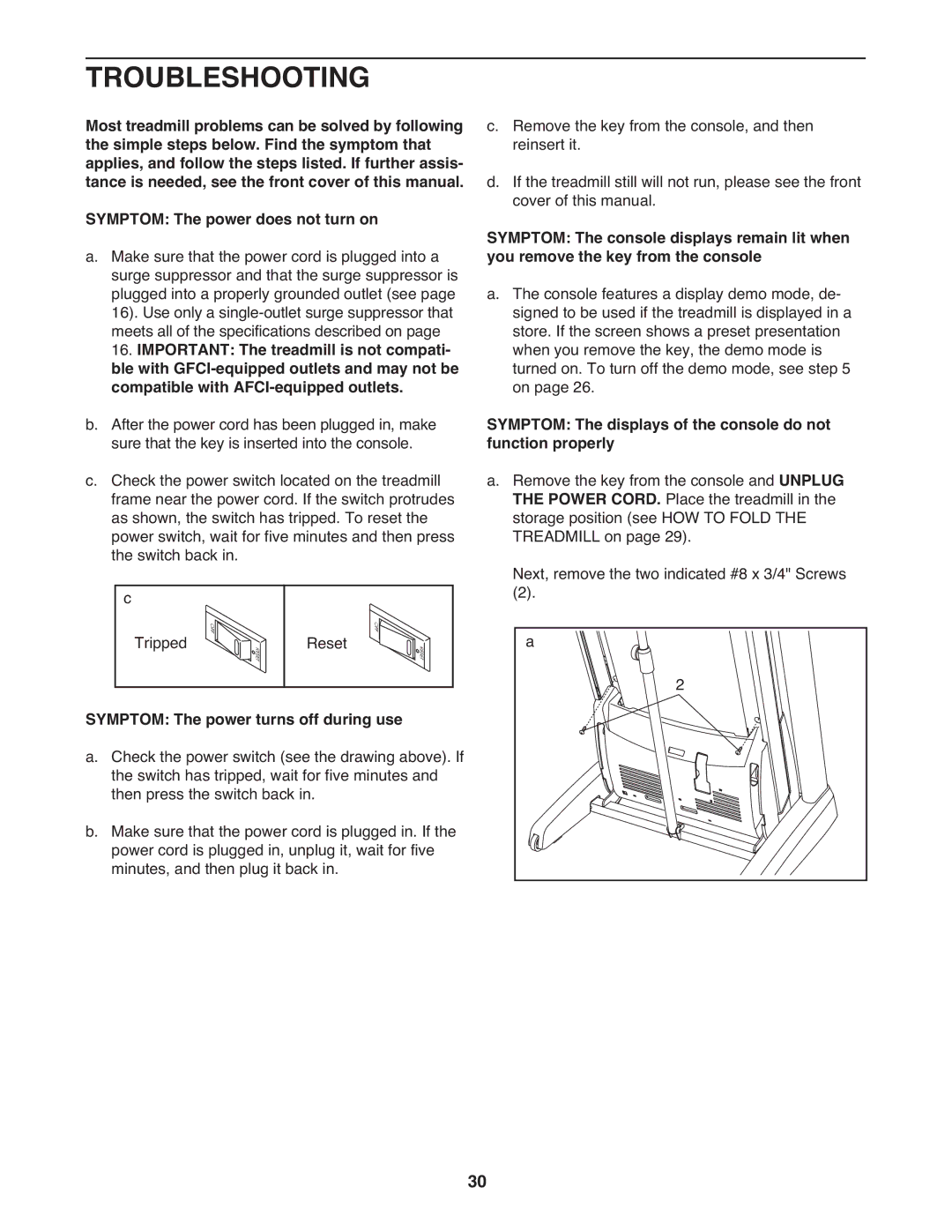 ProForm 2400 warranty Troubleshooting, Symptom The power turns off during use 