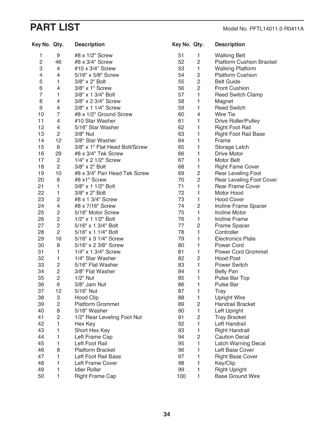 ProForm 2400 warranty Part List, Description, Key No. Qty 