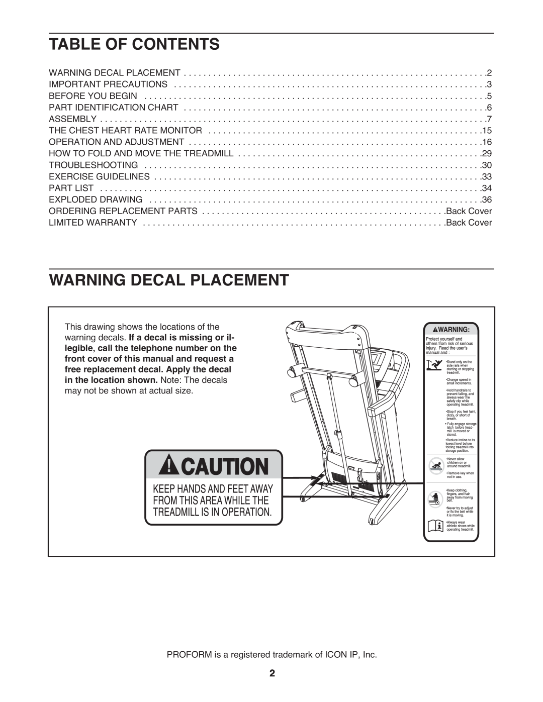 ProForm 2400 warranty Table Of Contents, Warning Decal Placement, PROFORM is a registered2trademark of ICON IP, Inc 