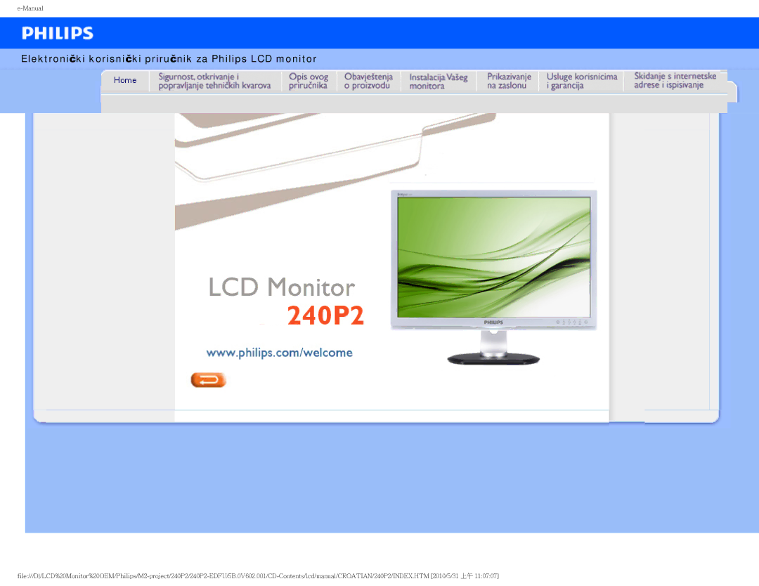 ProForm 240P2 manual Elektronički korisnički priručnik za Philips LCD monitor 